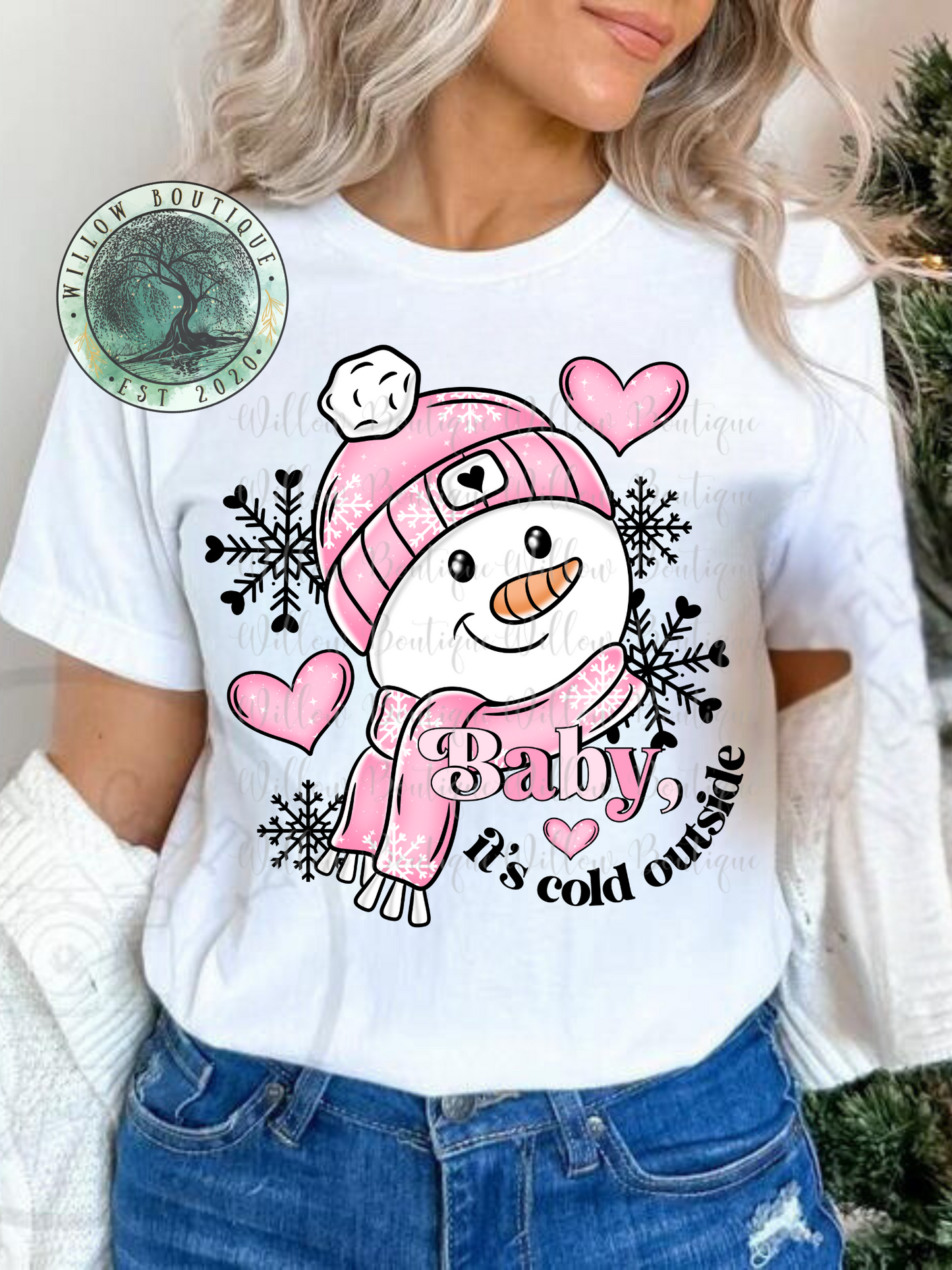 Cold Outside Pink Snowman Tee