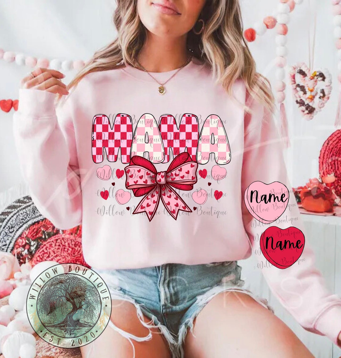 Personalized Checkered Mama Hearts Sweat